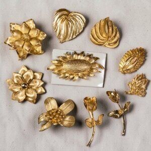 Brooch Lot Vintage Gold Tone Flower Leaf Brooches Signed Giovanni 8 Pc
